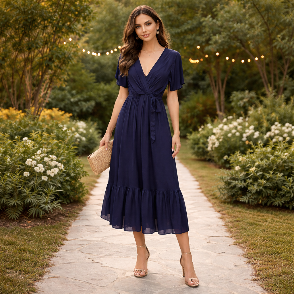 Vera May 6794 Italian silk dress in Marino, featuring a V neckline, tie waist, maxi-midi length and ruffle short sleeves.