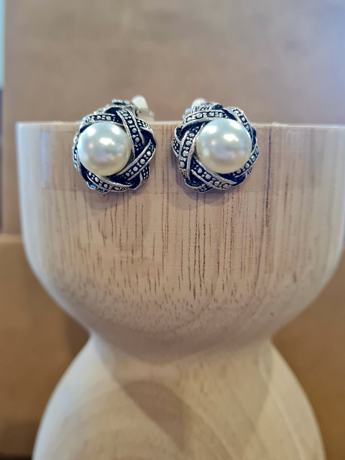 Marcasite Criss Cross Weave with Pearl - Clip On Earrings