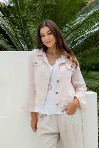 Blush linen jacket with front tab pockets, waist band and back button tabs, eco-luxury tailored style available at Linens & Treasures