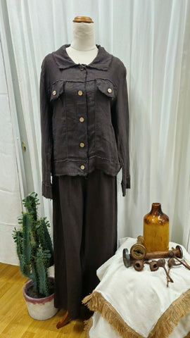 Chocolate brown linen jacket with panelled design, buttoned cuffs and waist detailing, available from Linens & Treasures