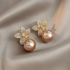 Crystal Flower Stud with Champagne Pearl Earrings