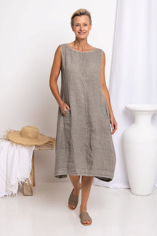 Mocha sleeveless linen dress with front panel, side pockets, and cocoon-shaped hemline — ribbed back panels for comfort, from Linens & Treasures