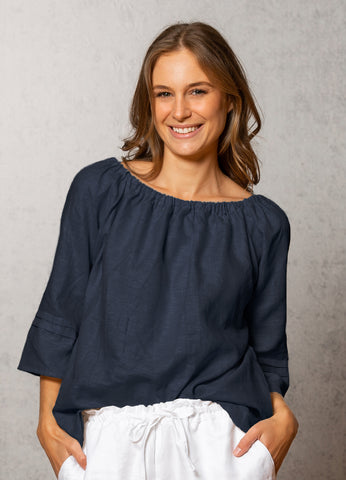 Noble Wilde - Linen Gathered Boat Neck Top