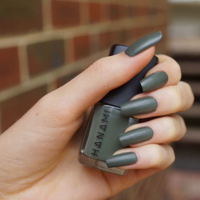 The moss - army green with matte finish non-toxic nail polish at Linens & Treasures