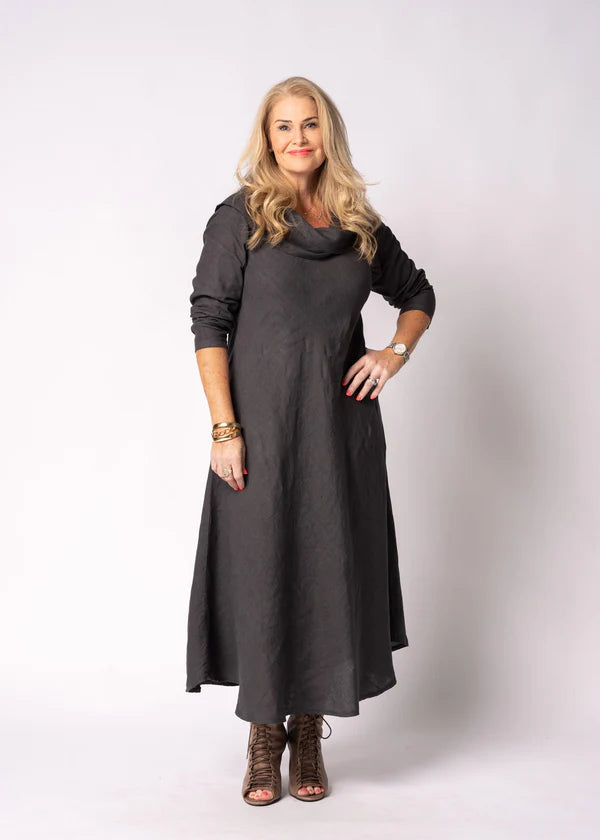 Granite: Charcoal grey linen dress with effortless drape, loose silhouette and understated elegance