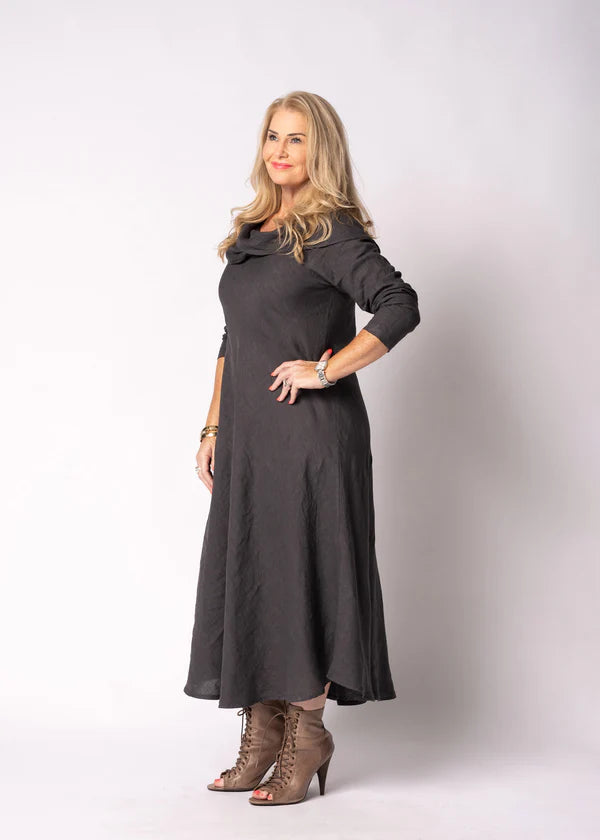 Granite: Charcoal grey linen dress with effortless drape, loose silhouette and understated elegance