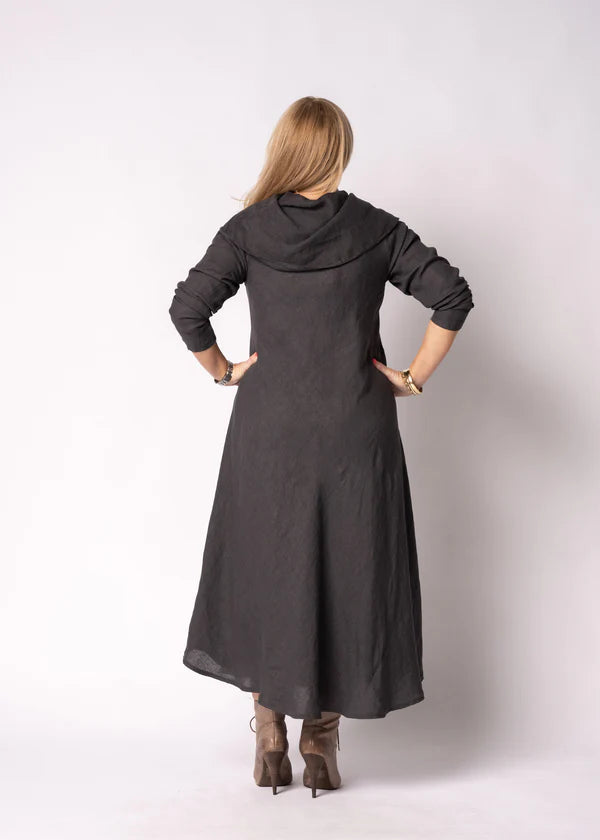 Granite: Charcoal grey linen dress with effortless drape, loose silhouette and understated elegance