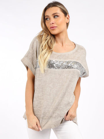 Short-sleeved linen top with sequin front, stretch-knit back, and cotton-trimmed hem by Linens & Treasures — sustainable and stylish