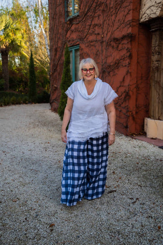 Linen Wide Leg Palazzo Pants - Tahiti Print & Navy/White Check
