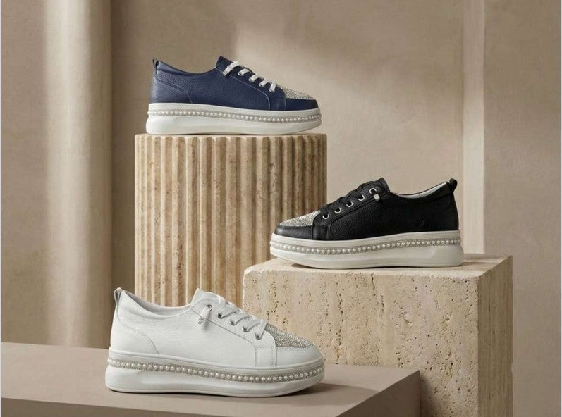 Bragi Matilda leather platform sneaker in navy, black and white featuring a crystal-studded toe panel, pearl-trimmed platform sole, premium leather upper, lace-up fastening and contemporary casual silhouette.