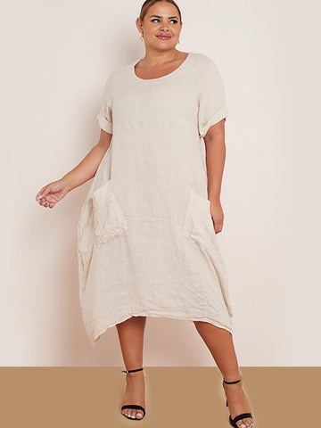 Linen Pleated Pocket Dress - Plus Size