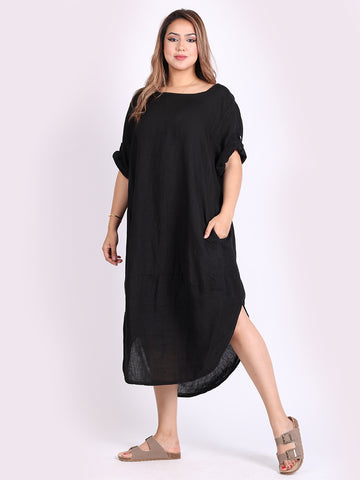 Linen Midi Scooped Hem Dress