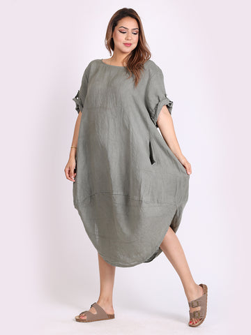 Linen Midi Scooped Hem Dress