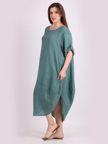 Linen Midi Scooped Hem Dress