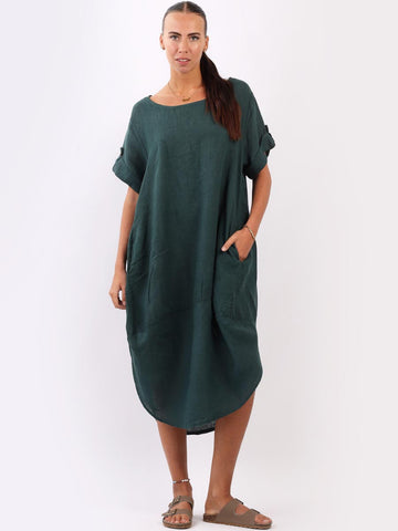 Linen Midi Scooped Hem Dress