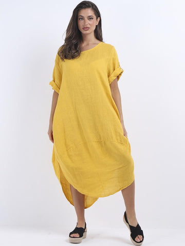 Linen Midi Scooped Hem Dress