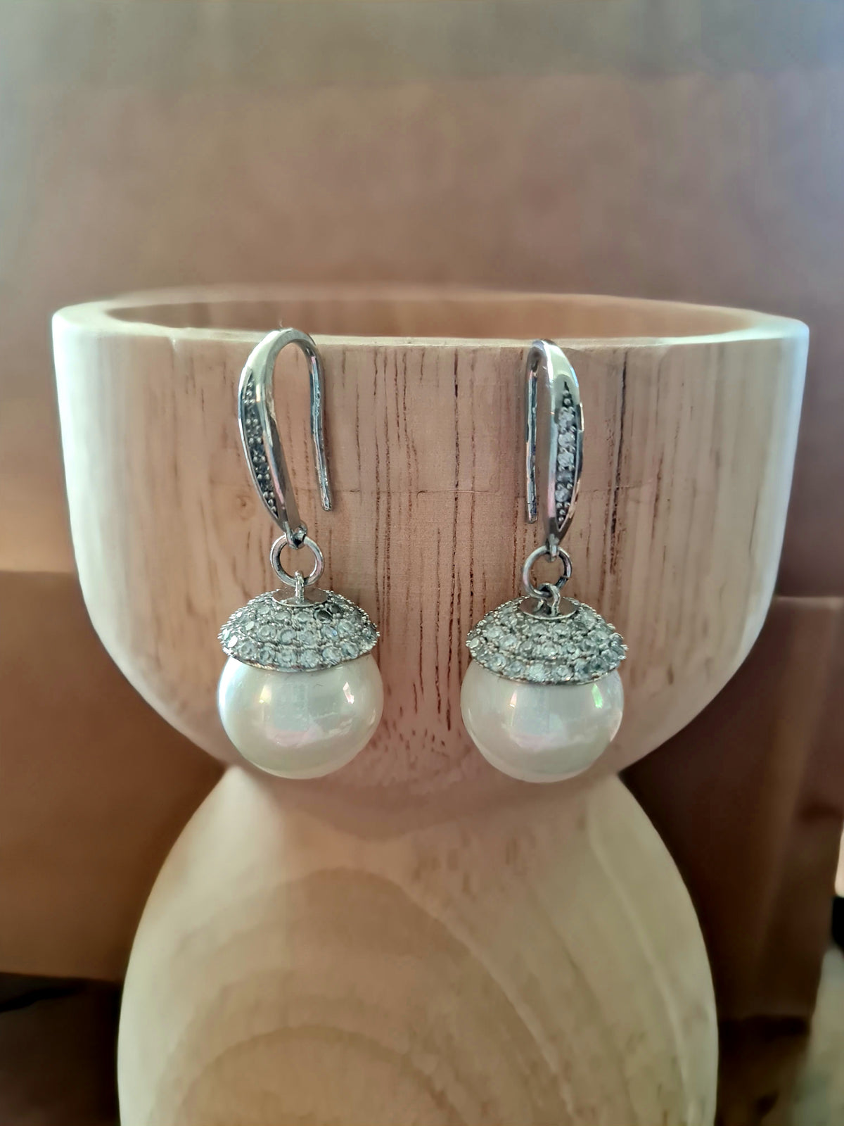 Silver Crystal Capped Pearl Earrings
