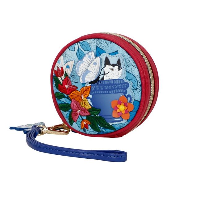 Vendula London Gardens of the World Greece coin purse in blue vegan leather, featuring printed and embossed flowers, butterflies and a playful cat peeking out of a pot, with hand-stitched details, zip fastening and wrist strap.