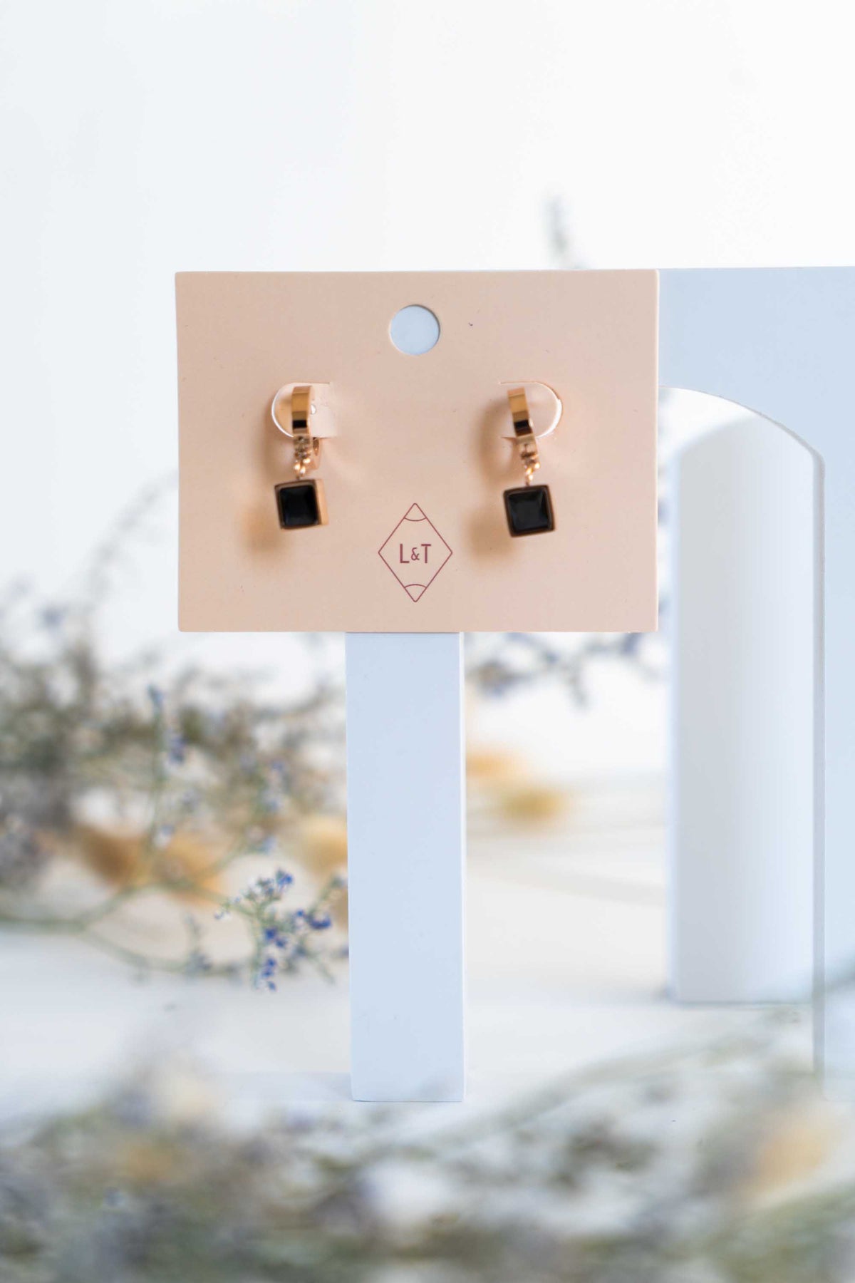 Rose Gold & Black Square Drop Earrings