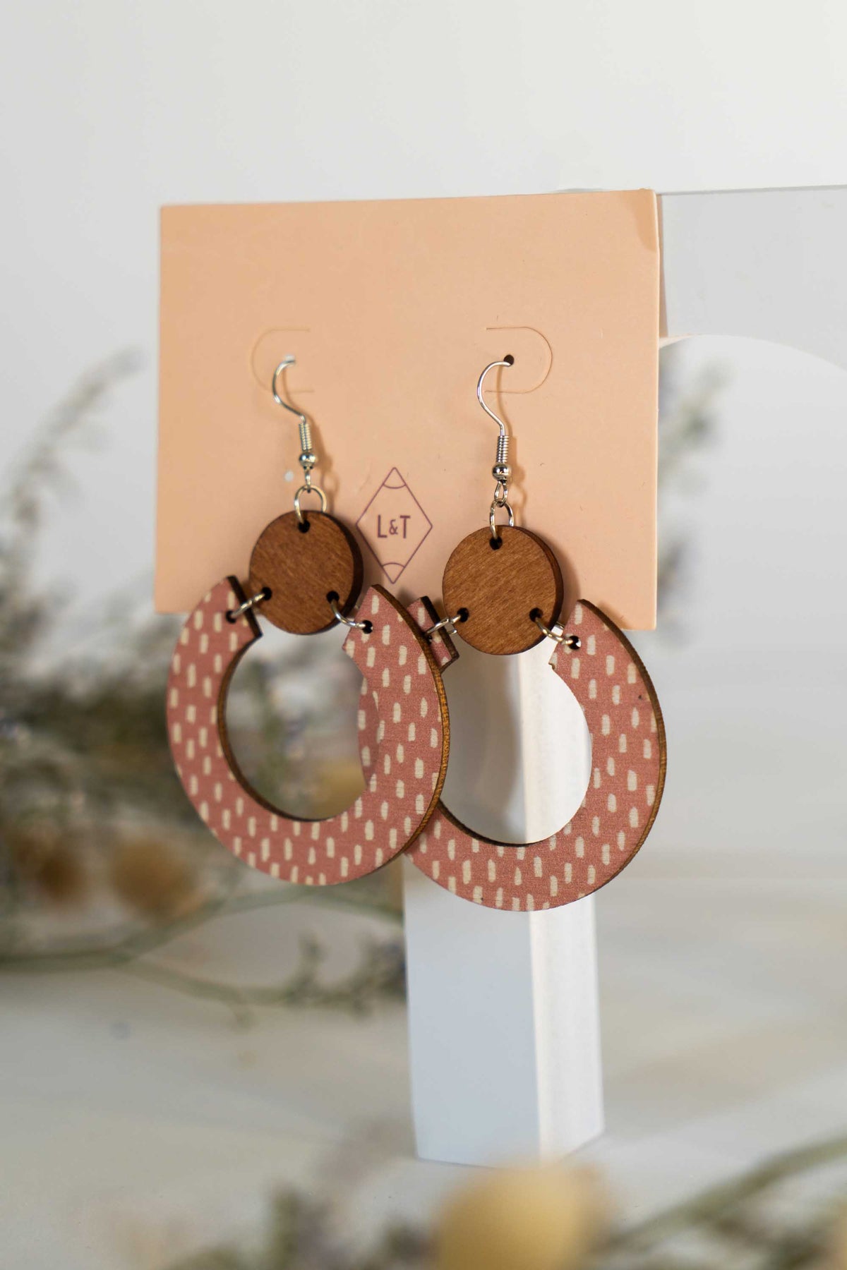 Wooden Ring Earrings - Pink