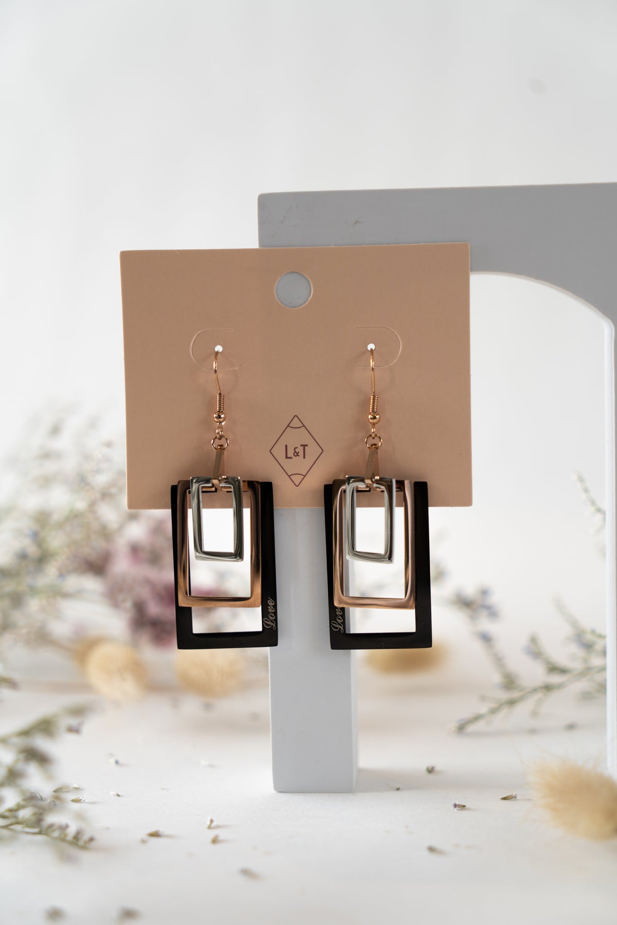 Rose Gold & Black Rectangle Earrings