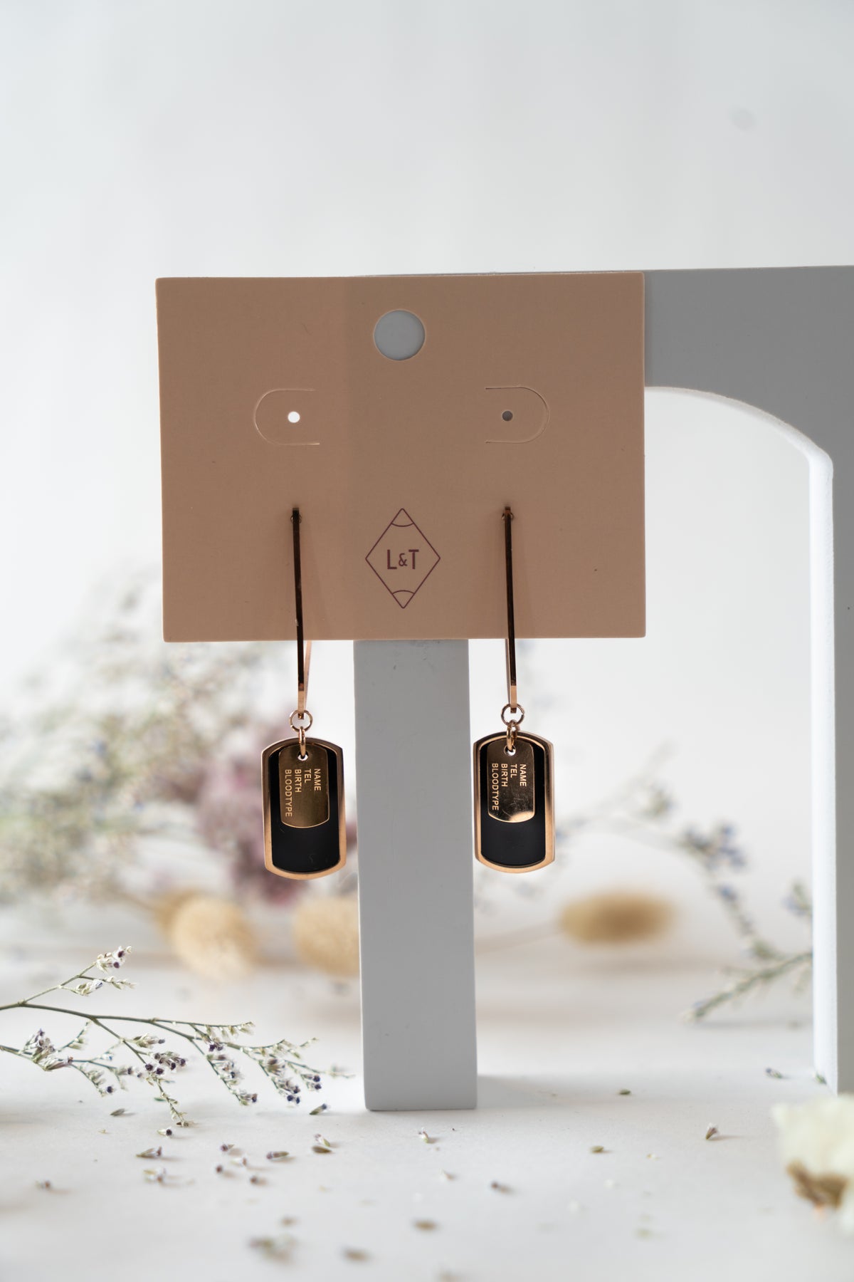Rose Gold & Black Dog Tag Earrings