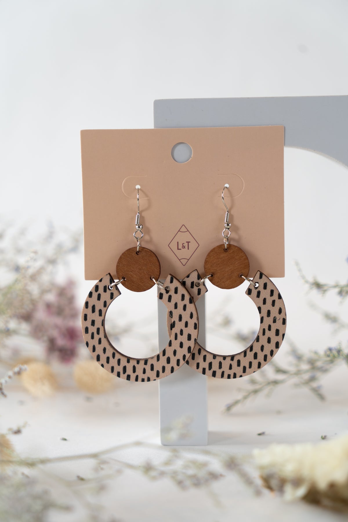 Wooden Ring Earrings - Beige