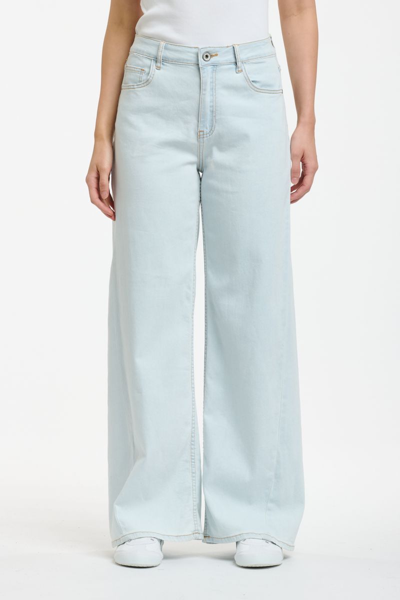 Pale blue wide leg denim jeans with high-rise waist and relaxed full-length silhouette