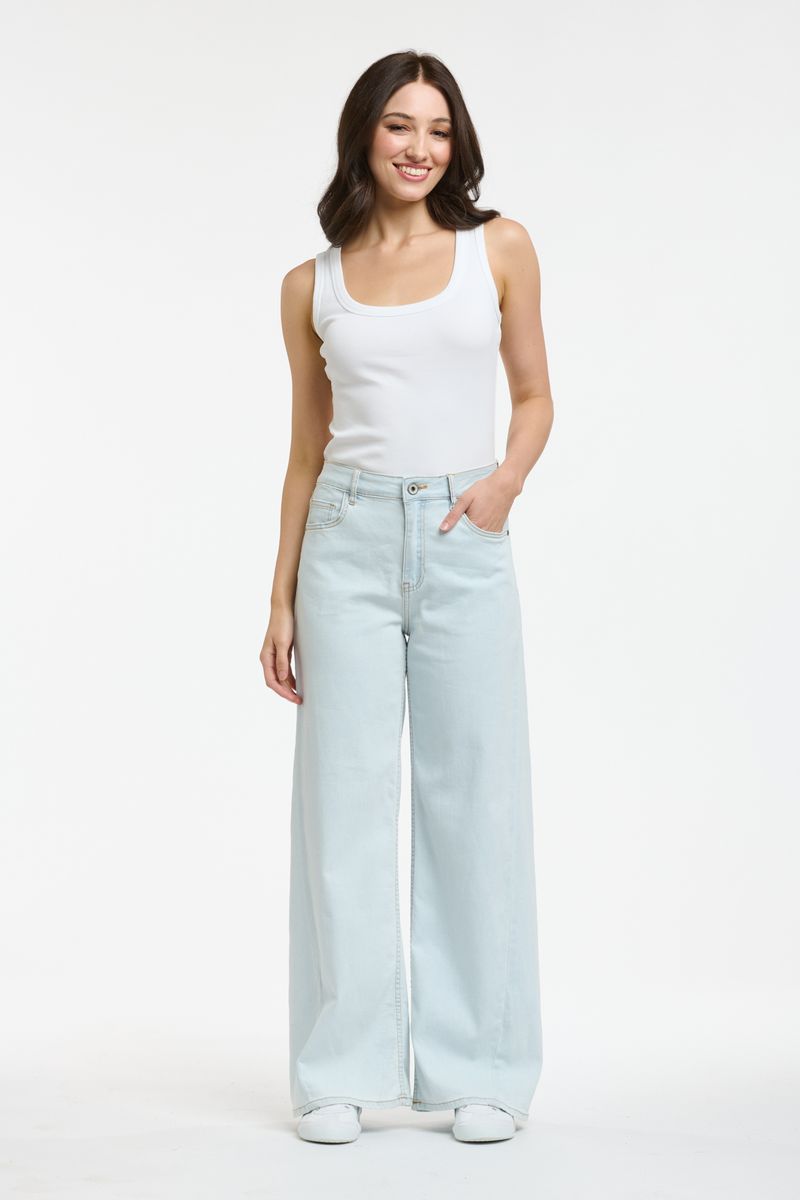 Pale blue wide leg denim jeans with high-rise waist and relaxed full-length silhouette