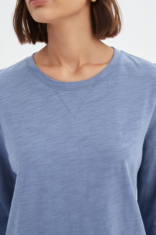 Tirelli - V Insert 3/4 Sleeve Tee in Steel Blue