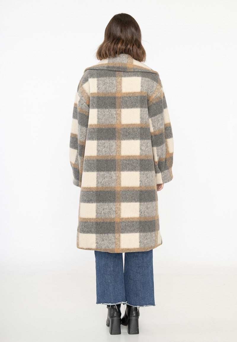 Beautiful thick warm winter check coat in light grey brown & black by Ornello Paris Agnes Manteaux fashion label displayed in-store at 18 Riverstone Drive Rolleston Selwyn NZ