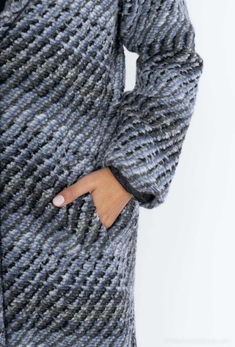 Beautiful thick warm winter wind breaker check coat with pockets in grey black & white by Ornello Paris Agnes Manteaux fashion label displayed in-store at 18 Riverstone Drive Rolleston Selwyn NZ