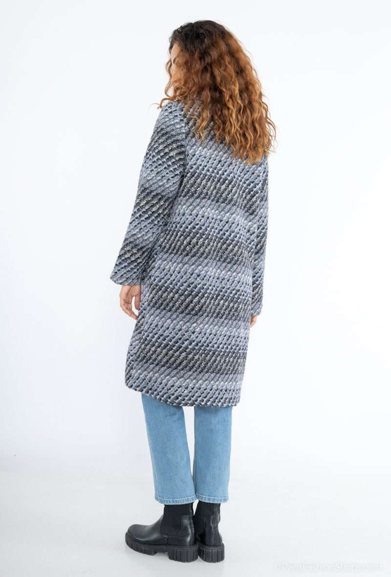 Vibrant thick warm below the knee winter coat with pockets in grey black & white by Ornello Paris Agnes Manteaux fashion label displayed in-store at 18 Riverstone Drive Rolleston Selwyn NZ