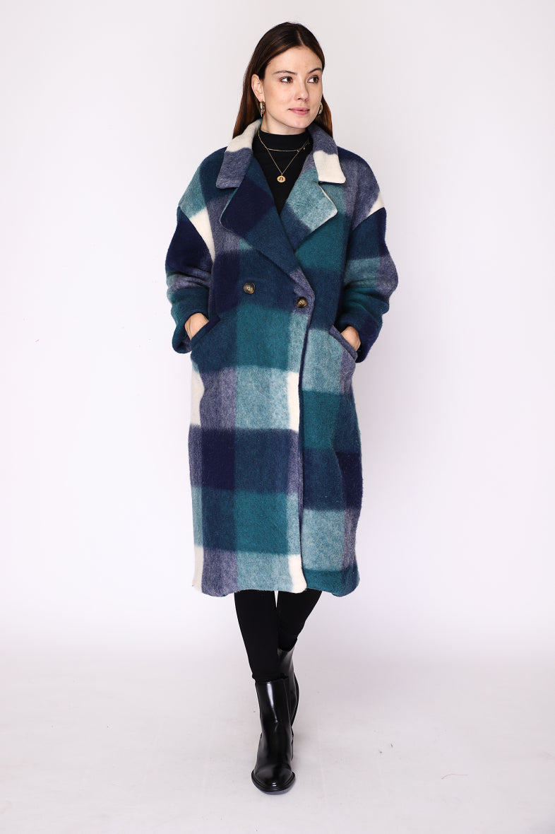 Beautiful thick warm winter check coat in blue by Ornello Paris Manteau fashion labels displayed in-store at 18 Riverstone Drive CHCH NZ
