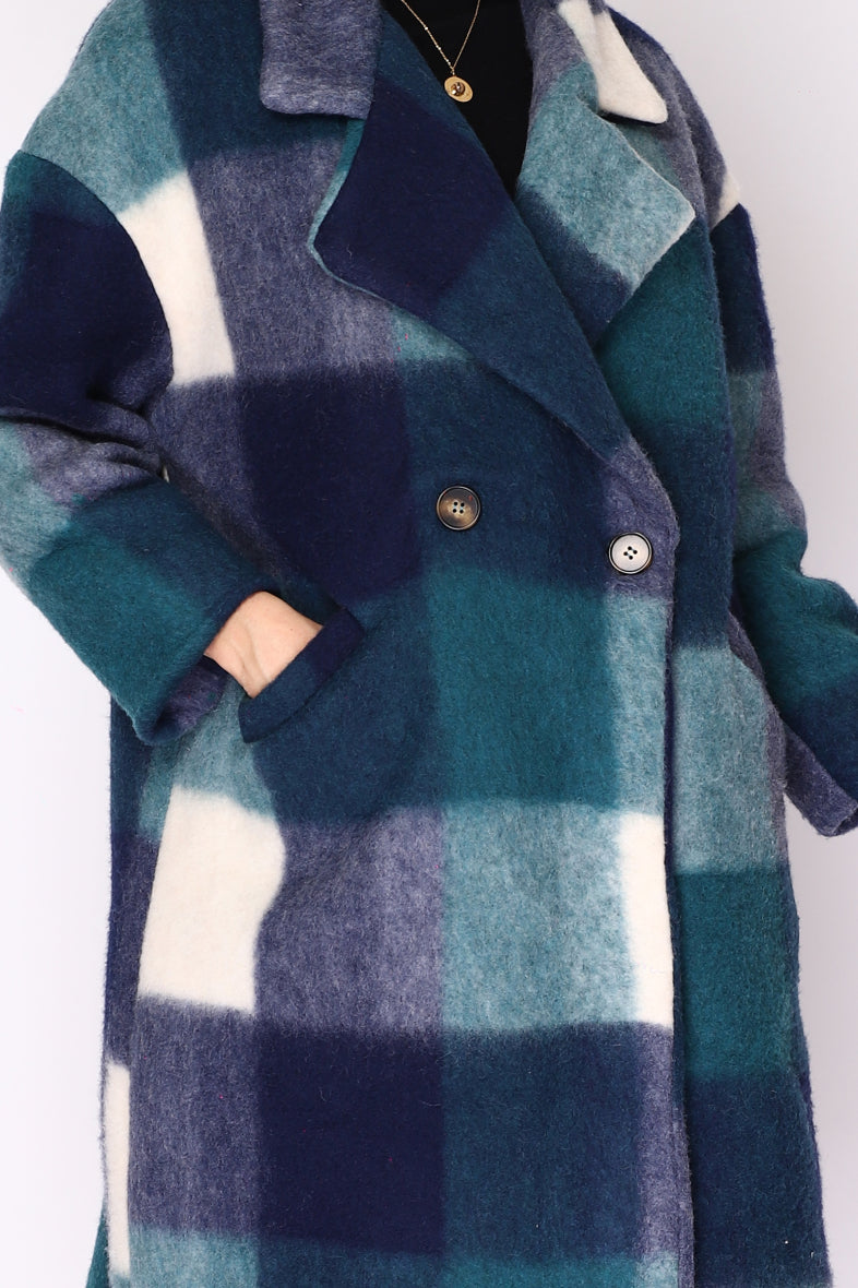 Beautiful warm winter check coat blue Ornello Paris Manteau fashion labels displayed in-store at 18 Riverstone Drive Selwyn Rolleston NZ