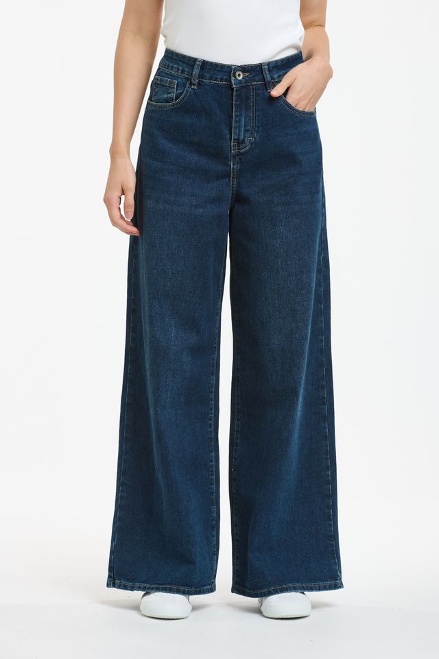 Mid-blue denim jeans with relaxed fit and tapered leg, featuring classic five-pocket styling
