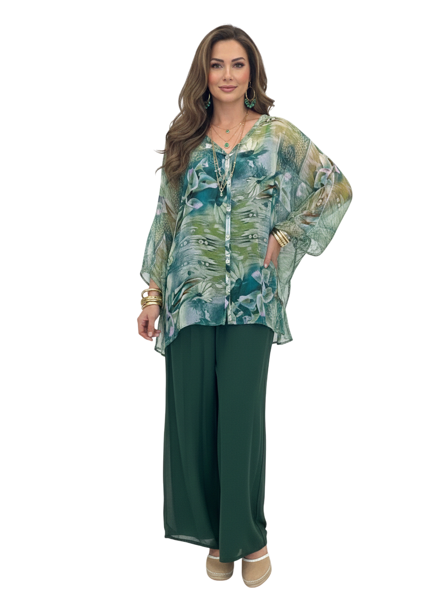 Ameise Angelic Italian silk mix top in green with floral and abstract print, relaxed V-neck button-front style and flowing long sleeves.