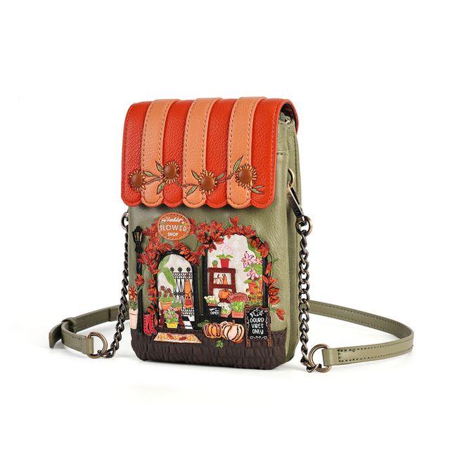 Vendula London Flower Shop Amber Edition Phone Pouch in printed and embossed vegan leather, featuring autumn-inspired flower shop artwork with sunflower yellows, warm amber tones and floral details. Designed with hand-stitched accents, magnetic flap fastening, secure zip closure, front slip pocket, two internal compartments, back zipped pocket and detachable flat shoulder strap.