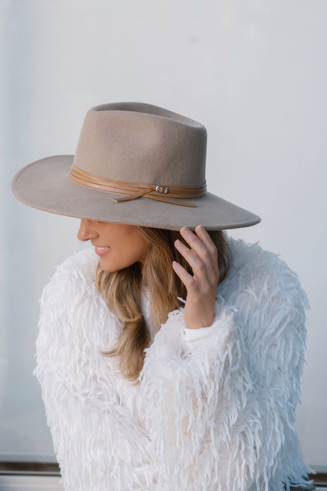 taupe wool felt hat with soft structured crown and medium brim, classic neutral styling.