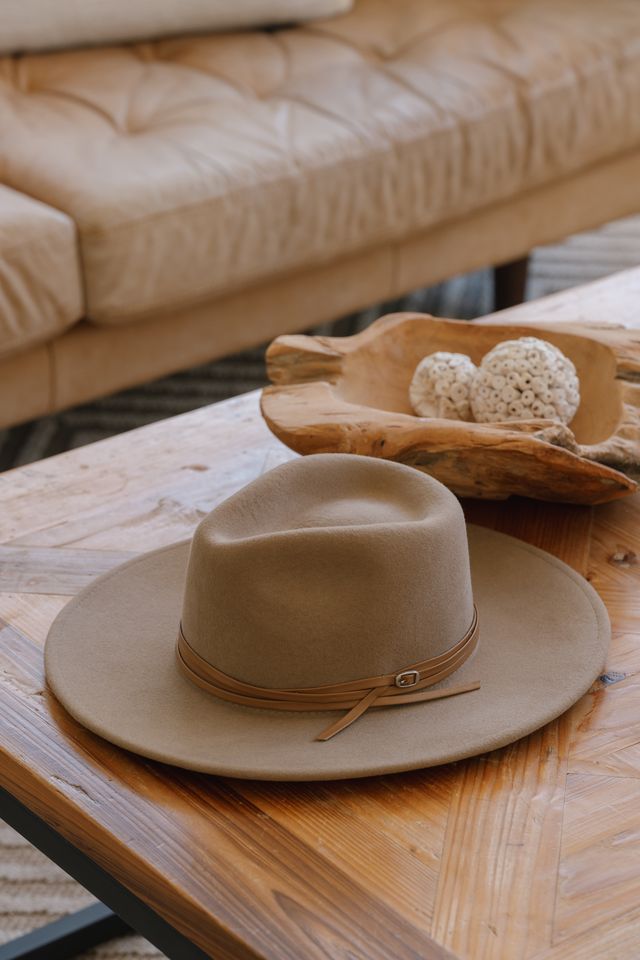 taupe wool felt hat with soft structured crown and medium brim, classic neutral styling.